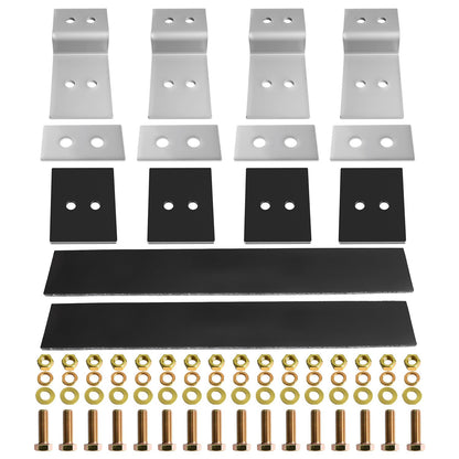 Cab Rack Side Mounting Kit - 4 L-Shaped Steel Brackets with 4-Hole Design, 2 Black Rubber Straps, 4 Thick Rubber Pads, 4 White UPE Anti-Scratch Spacers, Complete Set of Bolts, Nuts and Washers.