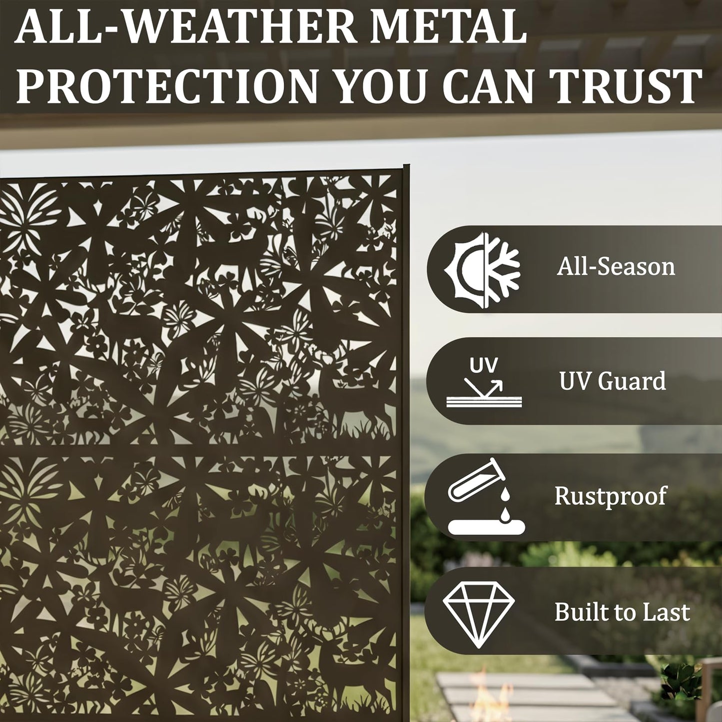 Metal Privacy Screen Outdoor 6FT – Freestanding Laser Cut Steel Garden Divider Panel with Stand, Decorative Modern Privacy Screen for Patio, Deck, Backyard & Balcony, Rustproof & Weather-Resistant