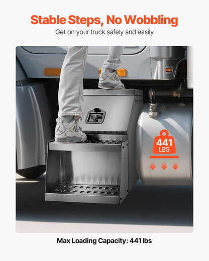VEVOR Semi-Truck Step Tool Box, 18" x 27.5" x 25.4" Heavy Duty Aluminum Toolbox Side Mount, Waterproof Side Storage Saddle Step Box with T-Handle Lock & Keys for Semi Trucks, Flatbed Trailers