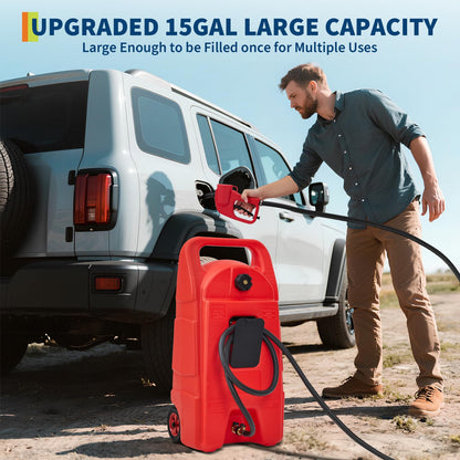 PeacefulHues Upgraded 15 Gallon Gas Tank, Heavy-Duty Fuel Can with Manual Transfer Pump & 10FT Hose, Portable Gas Can with Casters, Leak-Proof Gas Container for Lawn Mowers, Tractor, Boat, Snow Blow