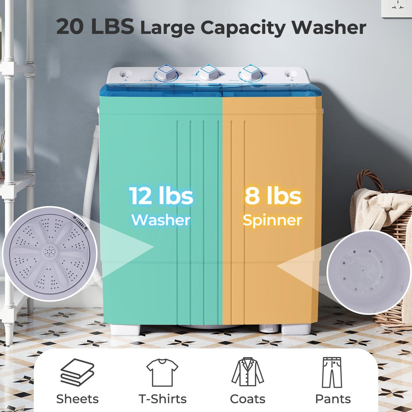 Giantex Washing Machine, 20Lbs Capacity, Washer and Spinner Combo, Portable Compact Twin Tub 12Lbs Washing and 8Lbs Spinning, Inlet and Drain Hose, Laundry Washer for Apartment RV Dorm