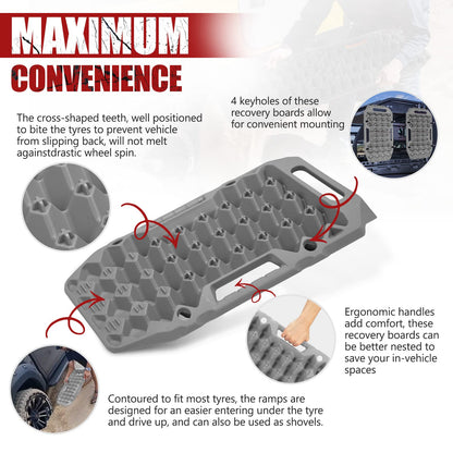 BUNKER INDUST Offroad Traction Boards with Jack Base (Grey) + 3" x 20ft Recovery Straps + Pair 3/4 D Ring Shackles + Bag 35,000 lbs Tree Saver Winch Strap