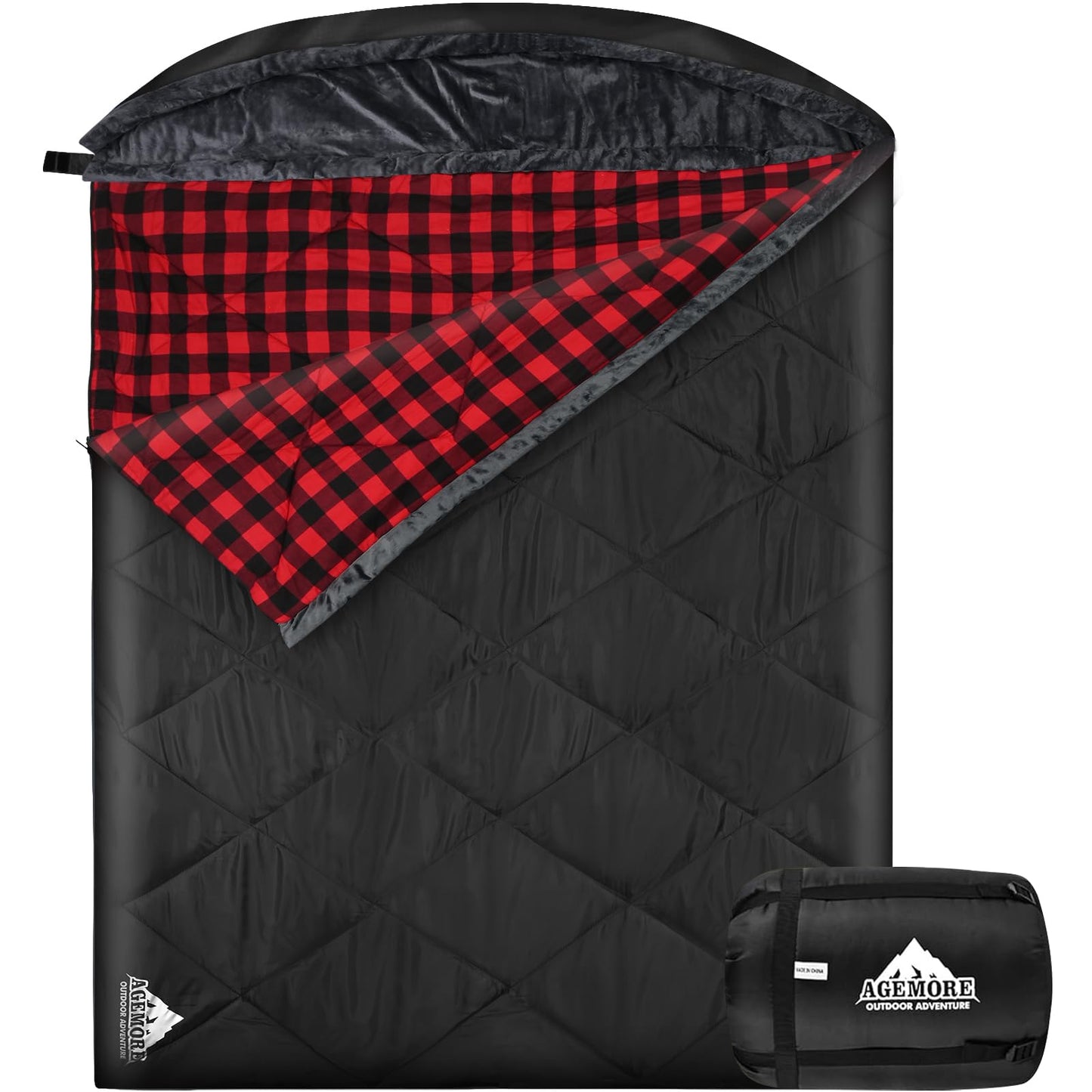 AGEMORE Cotton Flannel Double Sleeping Bag with Fleece Lined Hood, Waterproof Queen Size 2 Person Sleeping Bag for Adults Cold Weather Camping Backpacking or Hiking, 3-4season