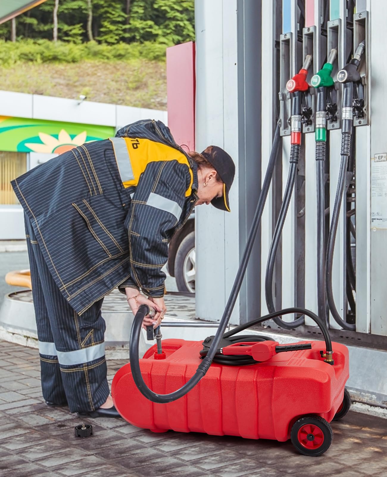 15 Gallon Fuel Caddy,Gas Can with Pump &Manual Nozzle,Fuel Transfer Tanks with 10Ft Delivery Hose and Wheels - for Generators, Tractors, Boats for Farm & Construction Use,Red
