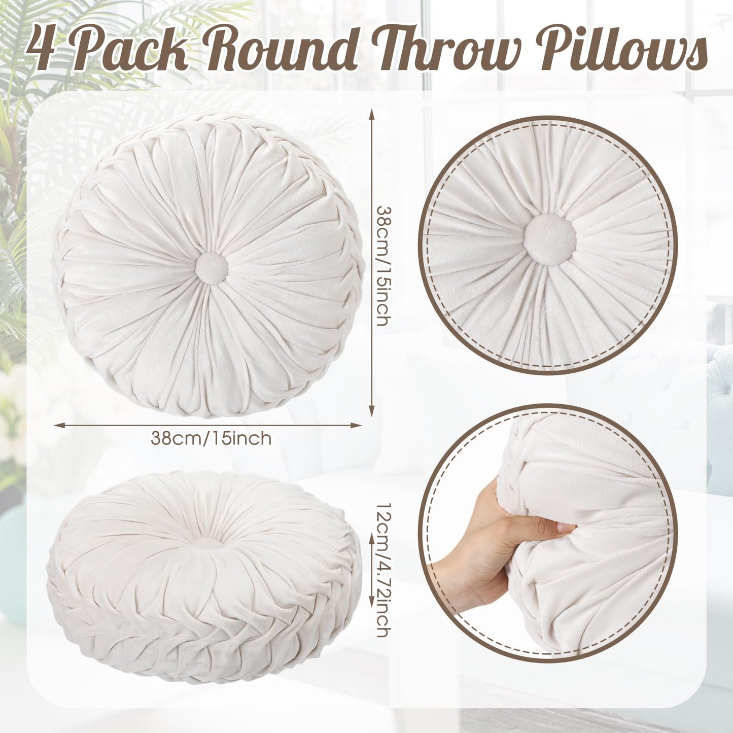Beeveer 4 Pcs Round Throw Pillows 15 Inch Decorative Velvet Pleated Pumpkin Pillows Boho Floor Pillow with Center Button for Living Room Couch Chair Bed Sofa Home Decoration (Ivory)