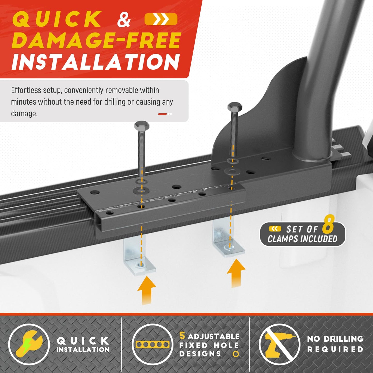 AA-Racks Model X31-J Truck Ladder Rack 800Ibs Capacity with (8) Non-Drilling Z-Clamps Extendable Steel Pick-Up Truck Bed Ladder Rack Two-bar Set - Black