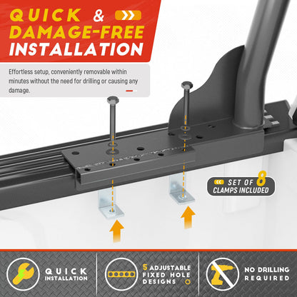 AA-Racks Model X31-J Truck Ladder Rack 800Ibs Capacity with (8) Non-Drilling Z-Clamps Extendable Steel Pick-Up Truck Bed Ladder Rack Two-bar Set - Black