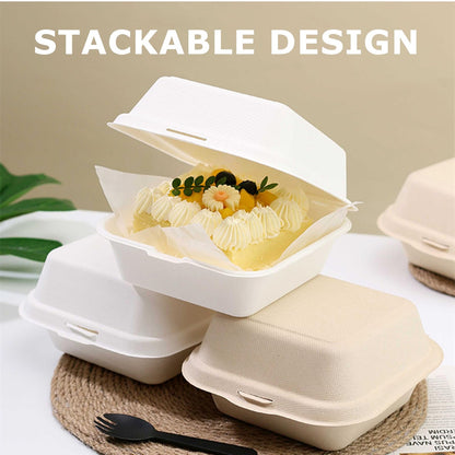 ToppYuanZea 150 Pack Clamshell Food Containers with Lid, 6 x 6 Inches Disposable Take Out To-Go Containers, White Bagasse Bento Box for Hamburger Sandwiches Chips, Microwave/Freezer Safe
