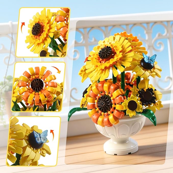 SameTech Sunflower Building Blocks Set with Vase Botanical Collection Artificial Flowers Table Centerpiece for Adults Home Office Decor/Valentine/Mother's Day/Thanksgiving/Easter/Birthday Gifts