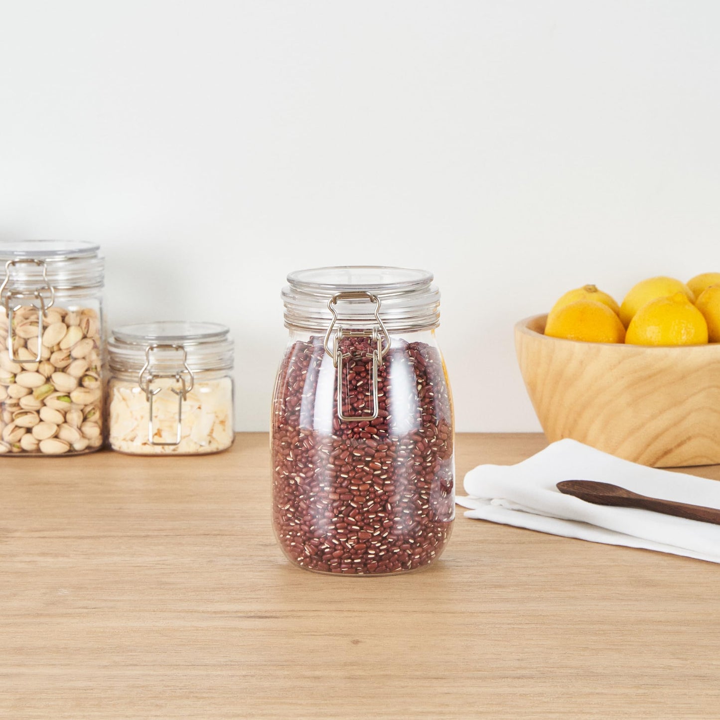 Restaurantware-Met Lux 39 Ounce Mason Jars, 20 Airtight Storage Jars With Lids - Rubber Gasket, Wide Mouth, Clear Plastic Round Canisters, Durable, For Kitchen And Pantry Storage Of Bulk Dry Food