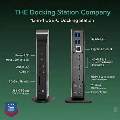 Plugable USB-C Triple Monitor Docking Station: 13-in-1 Laptop Dock with 100W Charging for Mac (DisplayLink Driver Required), Windows, Chrome, 3 HDMI, Gigabit Ethernet, SD, USB-C 20W, 4 USB - UD-ULTCDL