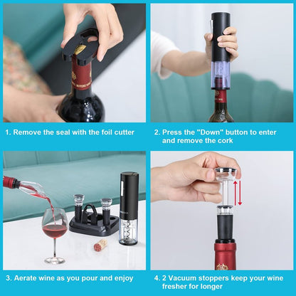 Moocoo Electric Wine Opener with Charging Base, Cordless Electric Wine Bottle Opener with 2-in-1 Aerator &Pourer, Foil Cutter, 2 Vacuum Preservation Stoppers, Display Charging Station for Easy Storage