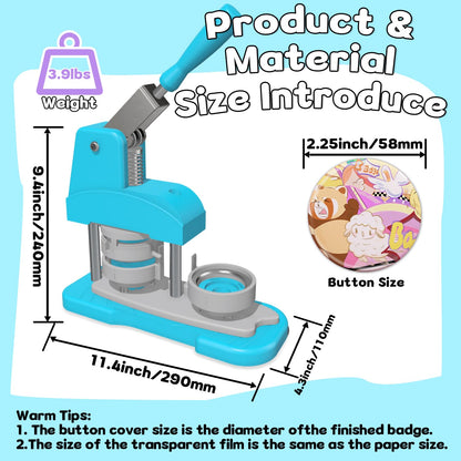 Blue Button Maker Machine 58mm (2.25 inch), DIY Button Pin Maker Machine Comes with Free Button Parts, Circle Cutter, Cutting Board, Pattern Paper, Holographic Bags, Colored Film, and Protective Case