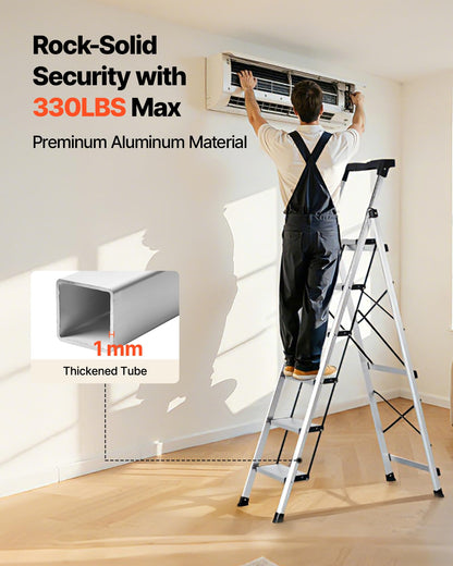 VEVOR 6 Step Ladder, Folding Step Stool with Wide Anti-Slip Pedal and Comfort Handgrip, 330 lbs Capacity Portable Aluminum Stepladder, Multi-Use for Kitchen, Warehouse, Household and Office, Silver