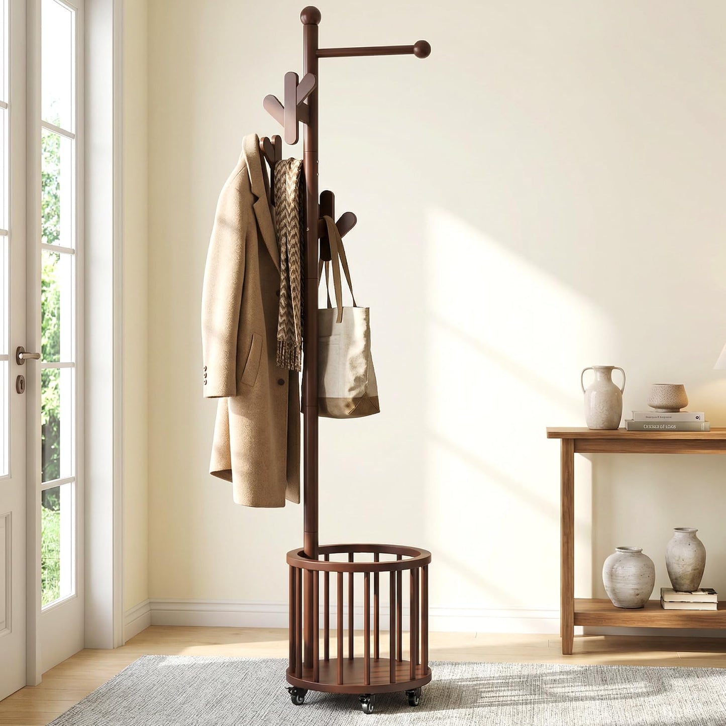 VOOVY Heavy Duty Coat Rack with Wheels & Storage Basket - Solid Rubberwood Standing Hat Rack with 10 Hooks, 4 Casters, Rolling Garment Rack for Bedroom Entryway Living Room, Walnut, Easy Assembly
