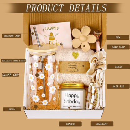 DHQH Birthday Gifts for Teen, Cute Inspirational Gift Daisy Presents Set Ideas for Sister Daughter Friends, Happy Birthday Gift Basket with Ice Glass Cup for Her (Beige)