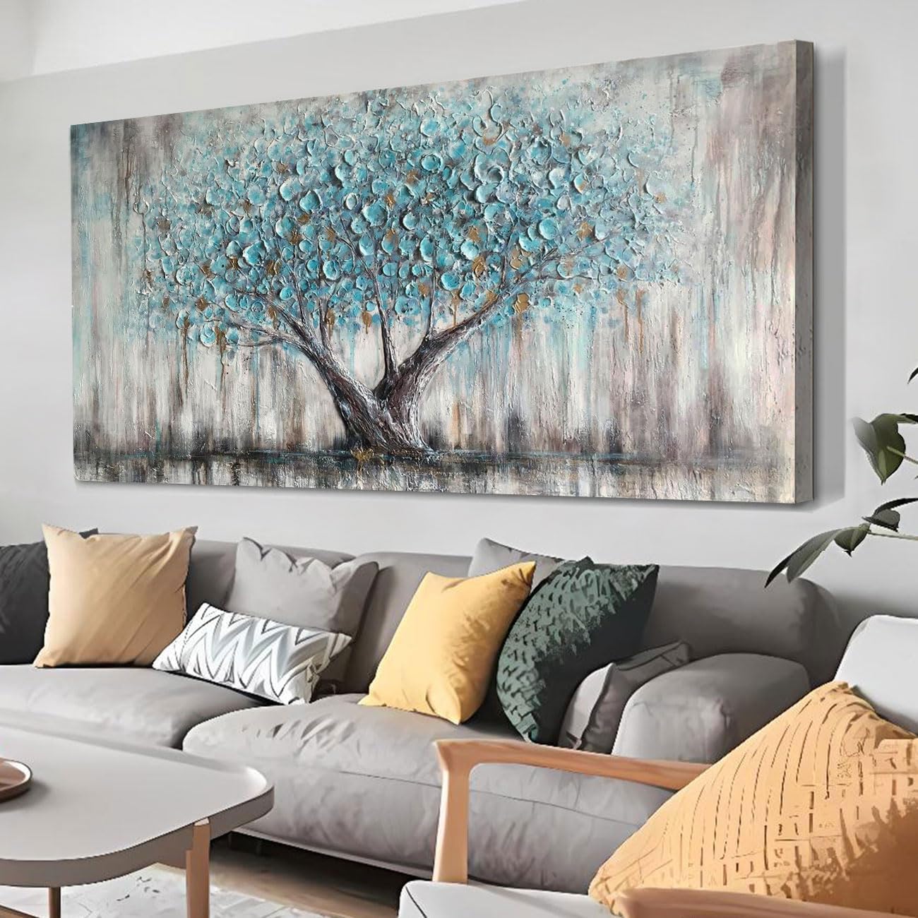 Arjun Tree Wall Art Canvas for Living Room Blue Tree of Life Nature Teal Abstract Textured Painting Picture Modern Panoramic Landscape Artwork Framed Bedroom Home Office Decor, Large Size 40"x20"