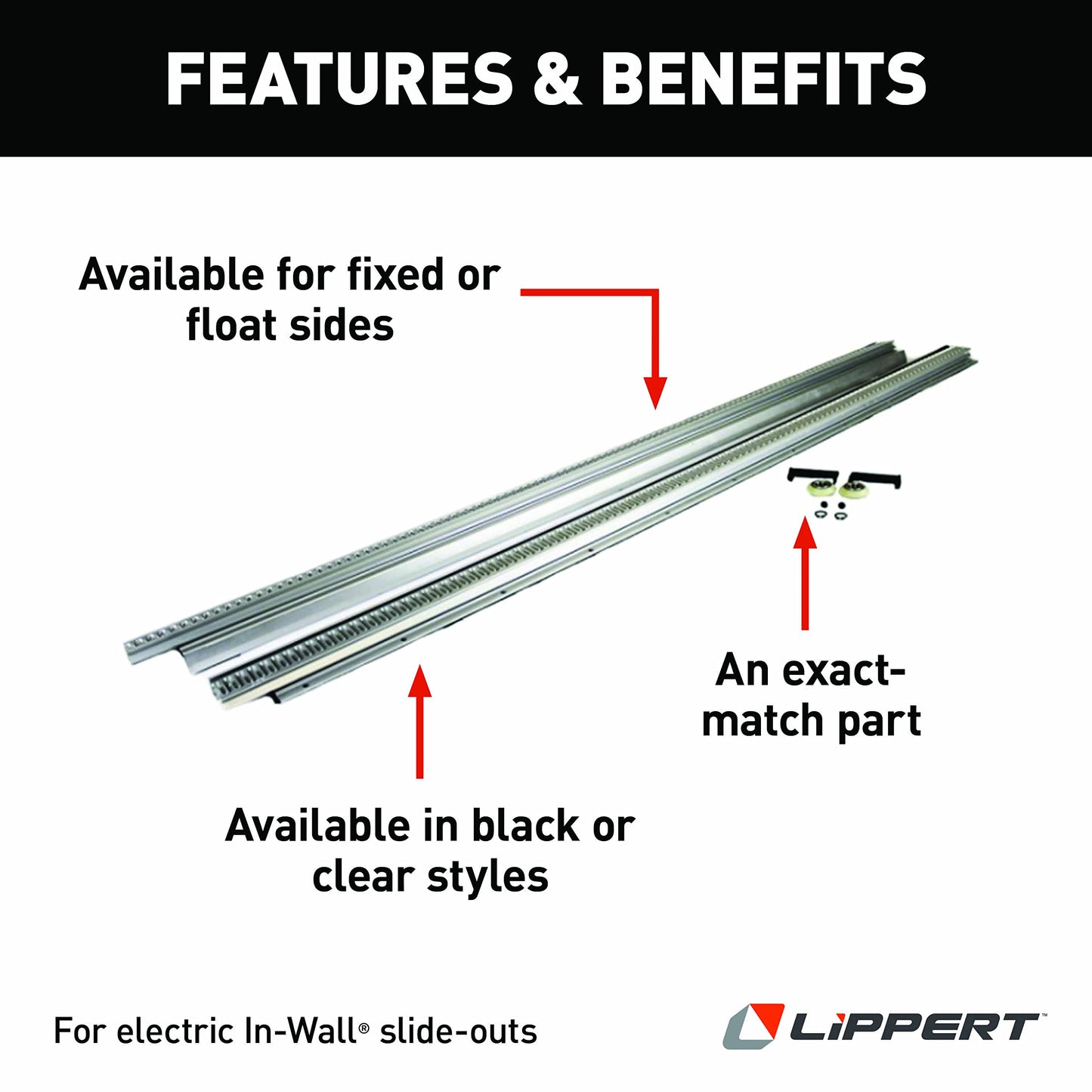 Lippert in-Wall Replacement Triple Rack Repair Kit for RV Slide-Out Systems with Hook Racks, V-Rollers, Retainers, Rivets, Rack Shoes, Wear Pads, Plugs, Sealing Foam, Fixed Side, Clear - 366160