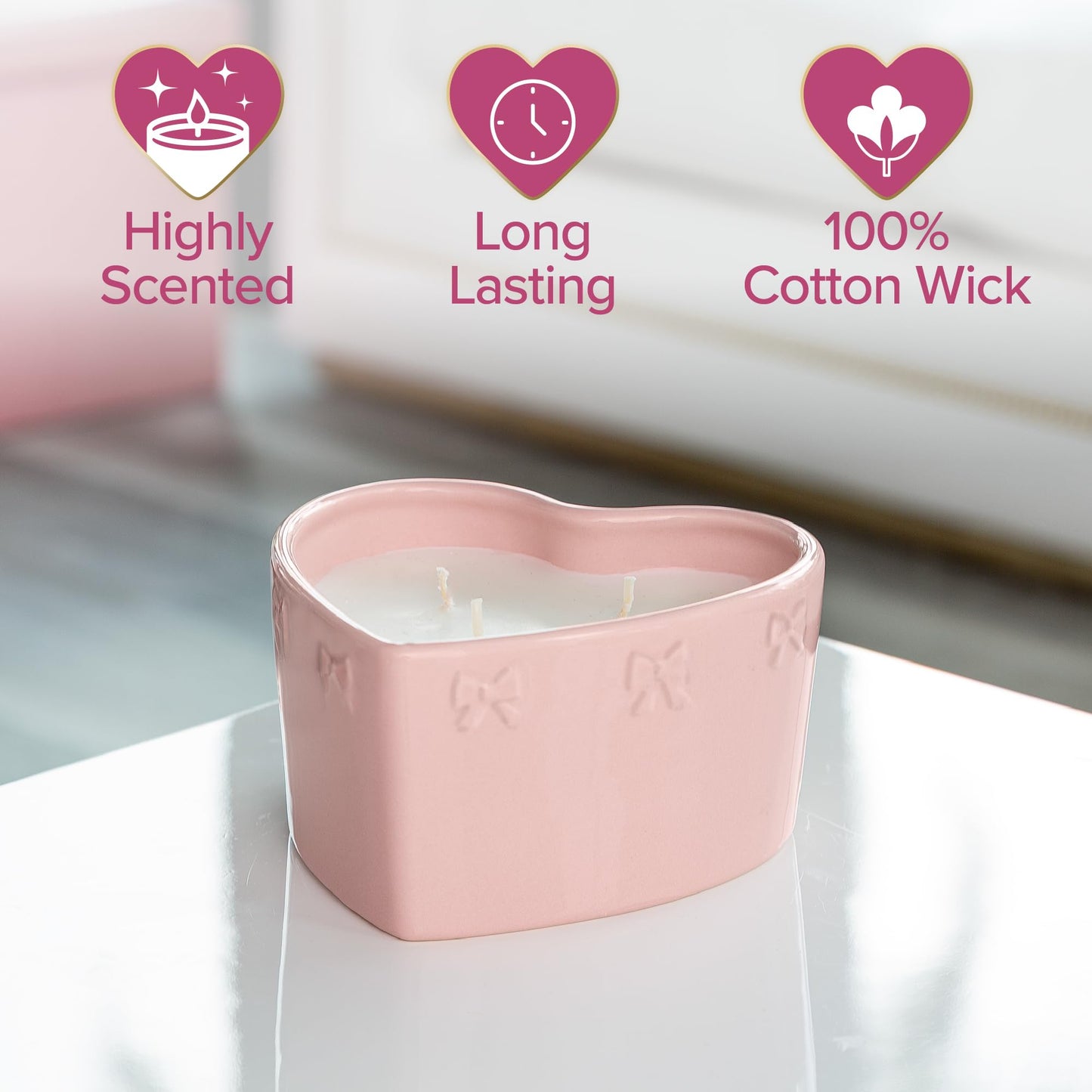 Paris Hilton Cupcake Sprinkles Scented Candle, Pink Heart-Shaped Ceramic Vessel with Embossed Bow Detail, Premium Plant Wax Blend, 3-Wicks, 12-Ounce