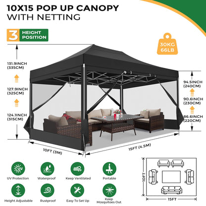 COBIZI 10x15 Heavy Duty Pop Up Canopy with 4 Sidewalls, Commercial Gazebo Party Tent with Mosquito Netting Wall Easy Set Up Outdoor Instant Screen Tent for Backyard, Patio, Garden, Black