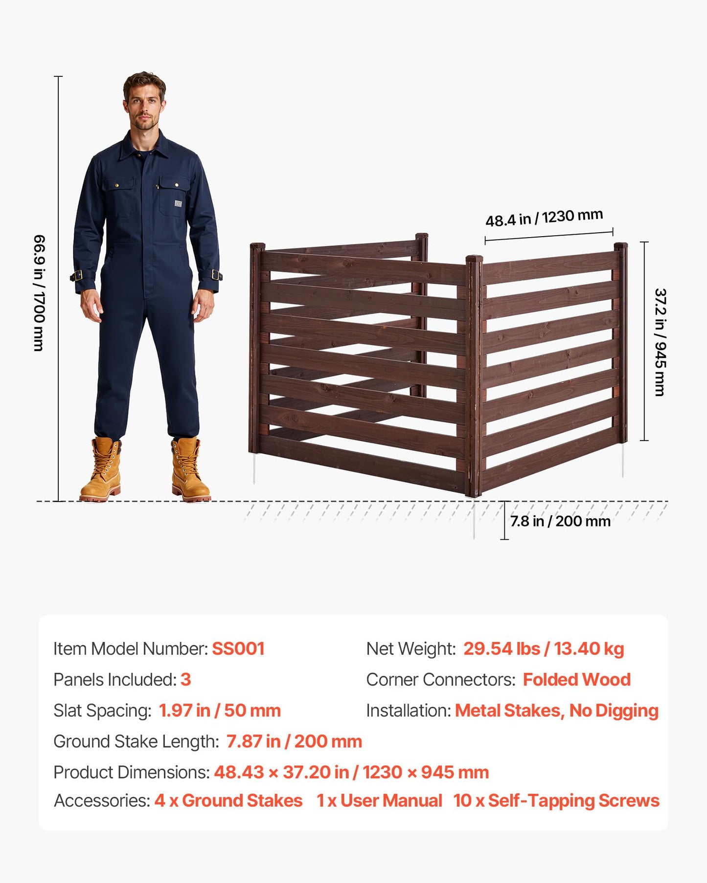VEVOR Wooden Privacy Fence, 48 x 37 inch Air Conditioner Fence, 3 Panel Solid Outdoor Wood Privacy Screen with Metal Stakes, Steel Frame, Trash Can Hider Fences Suitable for Garden, Pool