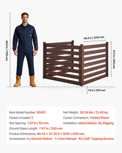 VEVOR Wooden Privacy Fence, 48 x 37 inch Air Conditioner Fence, 3 Panel Solid Outdoor Wood Privacy Screen with Metal Stakes, Steel Frame, Trash Can Hider Fences Suitable for Garden, Pool