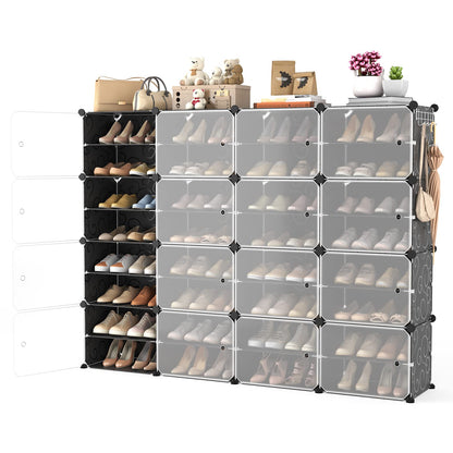 WEXCISE Portable Shoe Rack with Door, 64 Pairs Cabinet Easy Assembly, Plastic Adjustable Shoe Storage Organizer Stackable Detachable Free Standing DIY Expandable 8 Tier Black