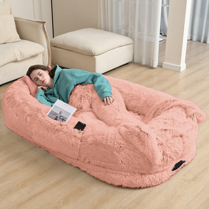 YAEM Pink Human Dog Bed, 71"x45"x12" Beds for Humans Size Fits You and Pets, Washable Faux Fur Bed People Doze Off, Napping Orthopedic Present Plump Pillow, Blanket