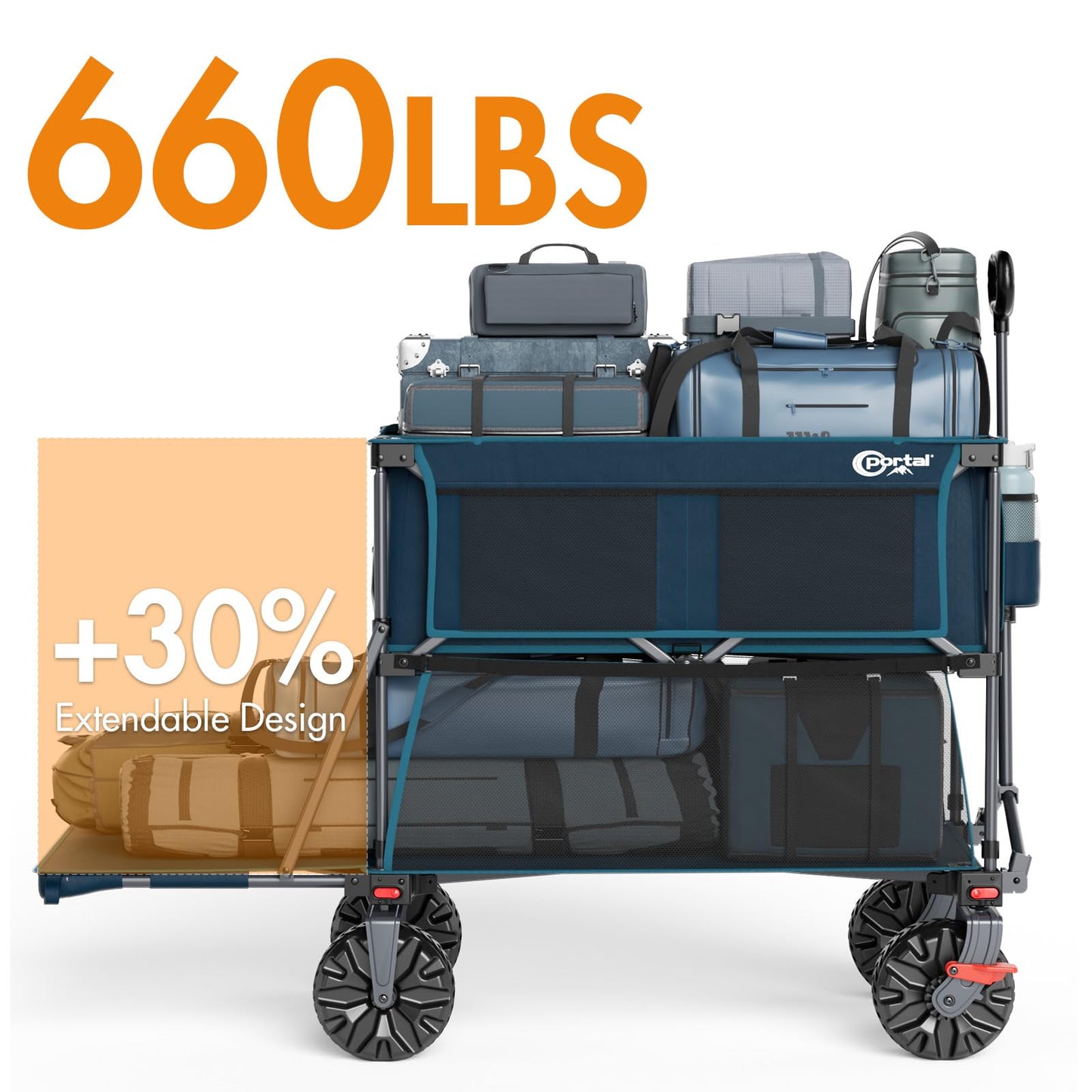 Portal Collapsible Large Double Decker Wagon with Brakes, 660lb Foldable Heavy Duty Utility Wagon Cart, 400L All-Terrain Big Wheels & 54" Extra Long Extender for Sports, Camping & Outdoor Use