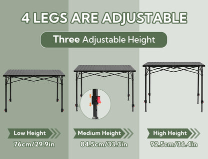 Join Nature Portable Outdoor Adjustable Height Camping Table, Large for 2-6 Person, Foldable Roll-up Aluminum Camp Table with Carry Bag for Picnic, Camp, Sturdy, Stable, Loads 220 Lbs (Black)