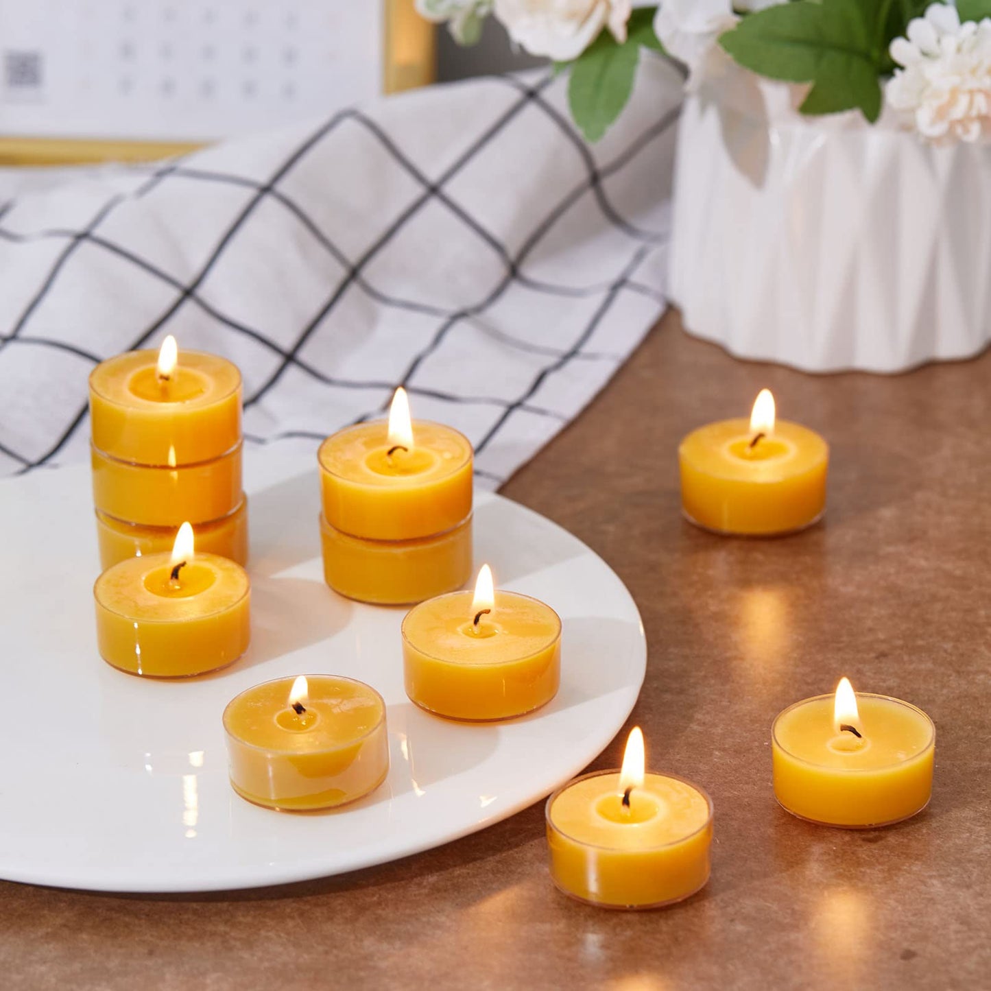 Beeswax Tealight Candles, Handmade Tea Light Candle 24 Pack with Cotton Wick - 4 Hours Long Burning, Natural Unscented and Smokeless for Home Decor, Party, Dinner