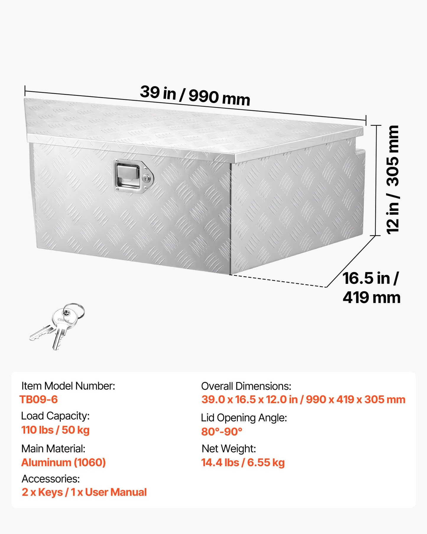 VEVOR Trailer Tongue Box, Heavy Duty Trailer Tongue Tool Box Storage Organizer with Lock & Keys, Utility Tool Chest for Pickup Truck Bed, RV, SUV, Off-Road Vehicle, Aluminum, 39" x 16.5" x 12", Silver