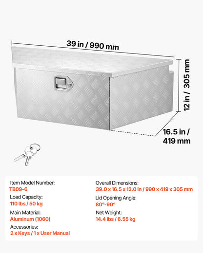 VEVOR Trailer Tongue Box, Heavy Duty Trailer Tongue Tool Box Storage Organizer with Lock & Keys, Utility Tool Chest for Pickup Truck Bed, RV, SUV, Off-Road Vehicle, Aluminum, 39" x 16.5" x 12", Silver