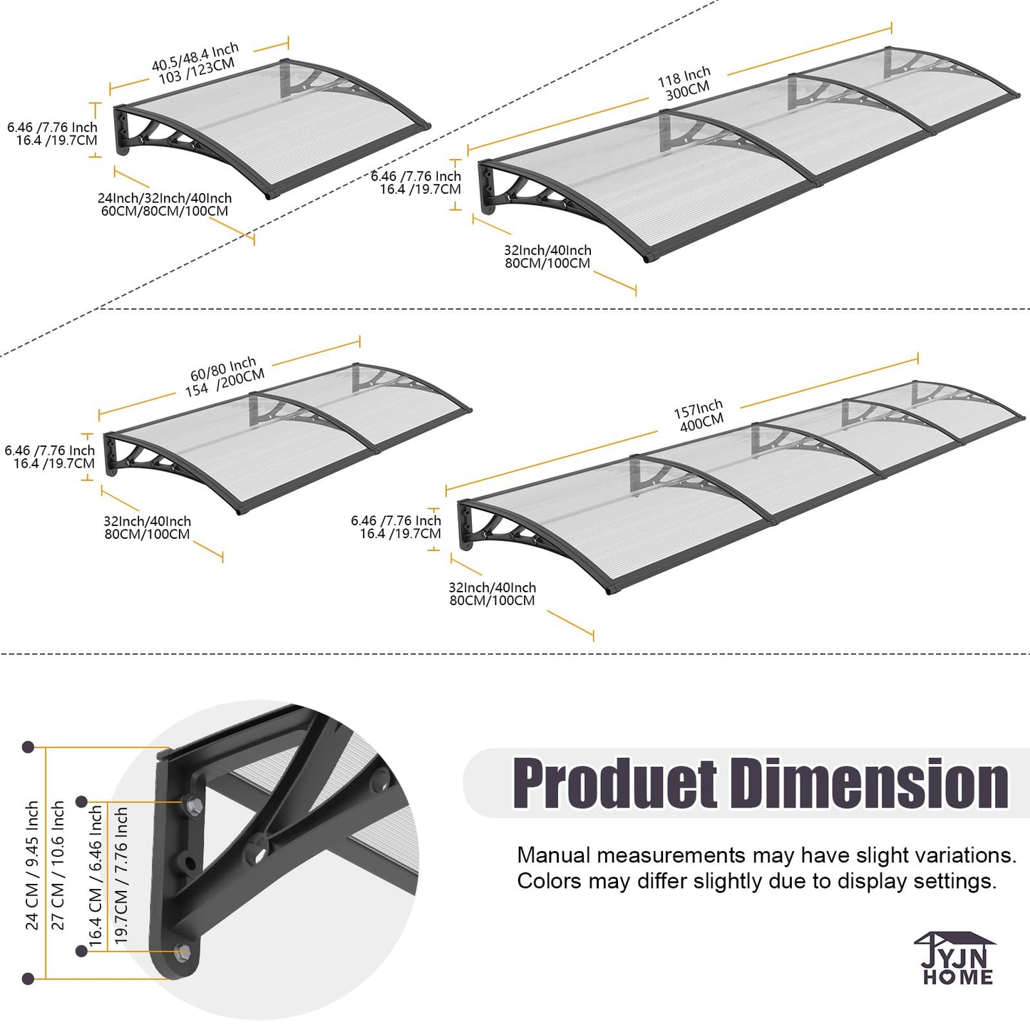 40x60 Inch Window Door Awning Exterior,Polycarbonate Outdoor Overhang Canopy Shelter,UPF 50+ UV Rain Snow Sun Protection,Spliced Overdoor Awnings for Outside,Porch,Patio,Deck,House Entrance