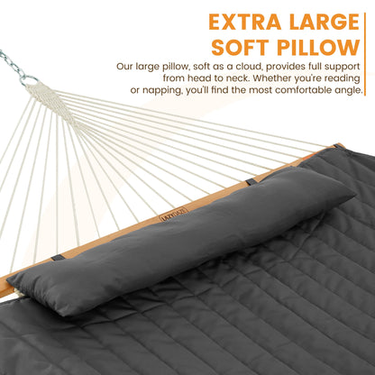 Lazy Daze Hammocks 2 Person Portable Hammock with 12FT Stand, Double Hand Woven Cotton Rope Hammock with Detachable Quilted Pad & Pillow for Outside, 450lb Capacity, Grey