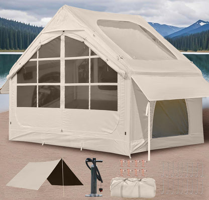 InflatableTent for Camping,4-6 Person Glamping Tent Blow Up Air Tents House Easy Setup for 4 Seasons Waterproof Oxford Family Tent with Large Tarp & Two Skylight.