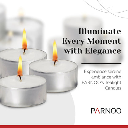 100 Pack Tealight Candles in Metal Cups - Clean White Unscented with 6 Hour Long Burning Time - Votive Candles Bulk for Romantic Dinner, Weddings, Spa & Hotels by PARNOO
