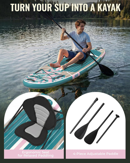 Marsdorgan 11ft Inflatable Stand Up Paddle Board with Kayak Seat, Wood Grain Lightweight SUP, 430lbs Capacity for Water Sports Fishing Surfing, 2-3 Person Family, w/Backpack & 10L Dry Bag, Grey