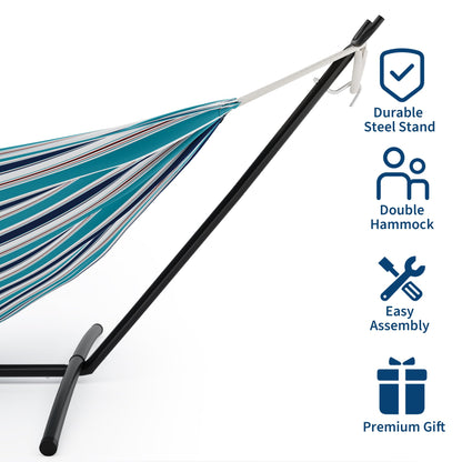 Hammock with Stand for Outside, Upgraded Carrying Case，Easy Assembly, Portable Space Saving Heavy-Duty Steel Frame，Perfect for Outdoor & Indoor, Blue Stripe