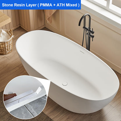 Cpingao 63" Solid Surface Freestanding Bathtub, Modern Oval Shape Soaking Tub, Stone Resin Stand Alone Bathtub with Drain & Integrated Slotted Overflow Matte White 8845-1600