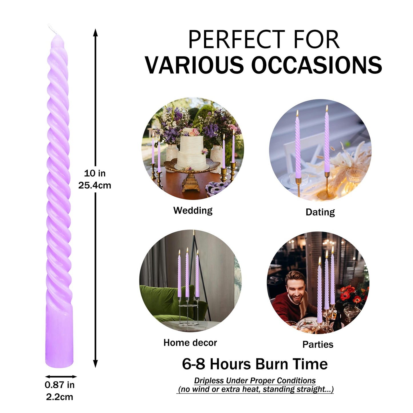 10 Inch Lavender Purple Spiral Taper Candle Set, 10 Pack Unscented Dripless Candlesticks for Dinner Party Wedding and Home Decoration