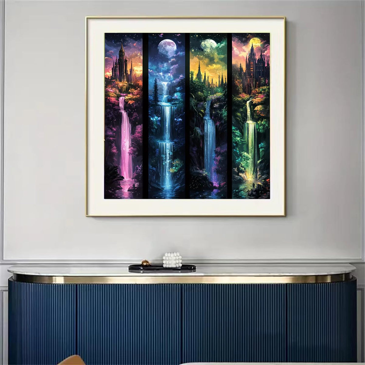 Moon With Castle Waterfall Diamond Painting Kits for Adults,5D Full Drill Mosaic Diamond Art Kits for Beginner, DIY Diamond Dots Paintings With Arts Craft For Adults Home Decor 13.8×13.8Inch