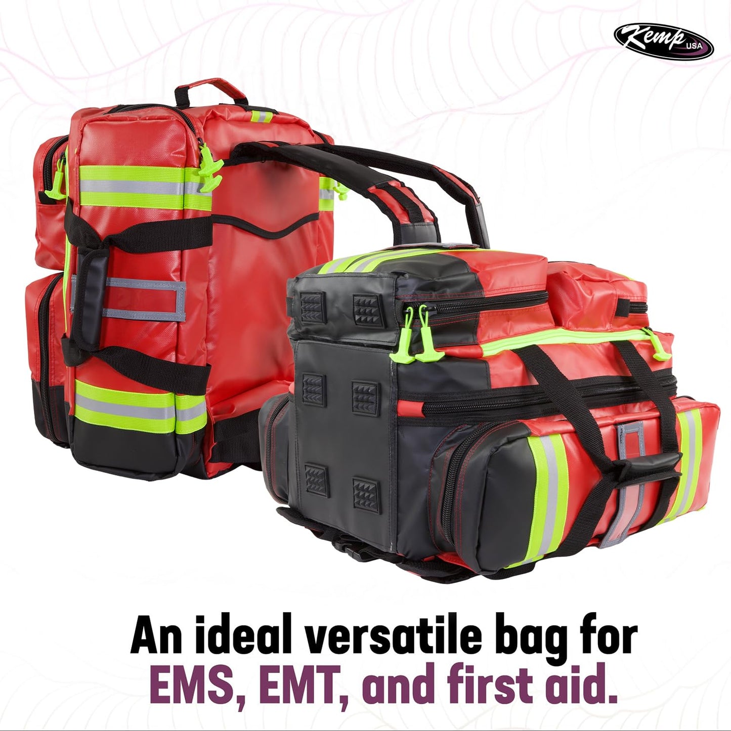 Kemp USA Heavy-Duty EMT Bag, Made with Fluid-Resistant Tarpaulin Material - Emergency Survival Kit with Room for D O2 Tank - Medical Backpack with Multiple Handles (Tarpaulin Fabric Red)