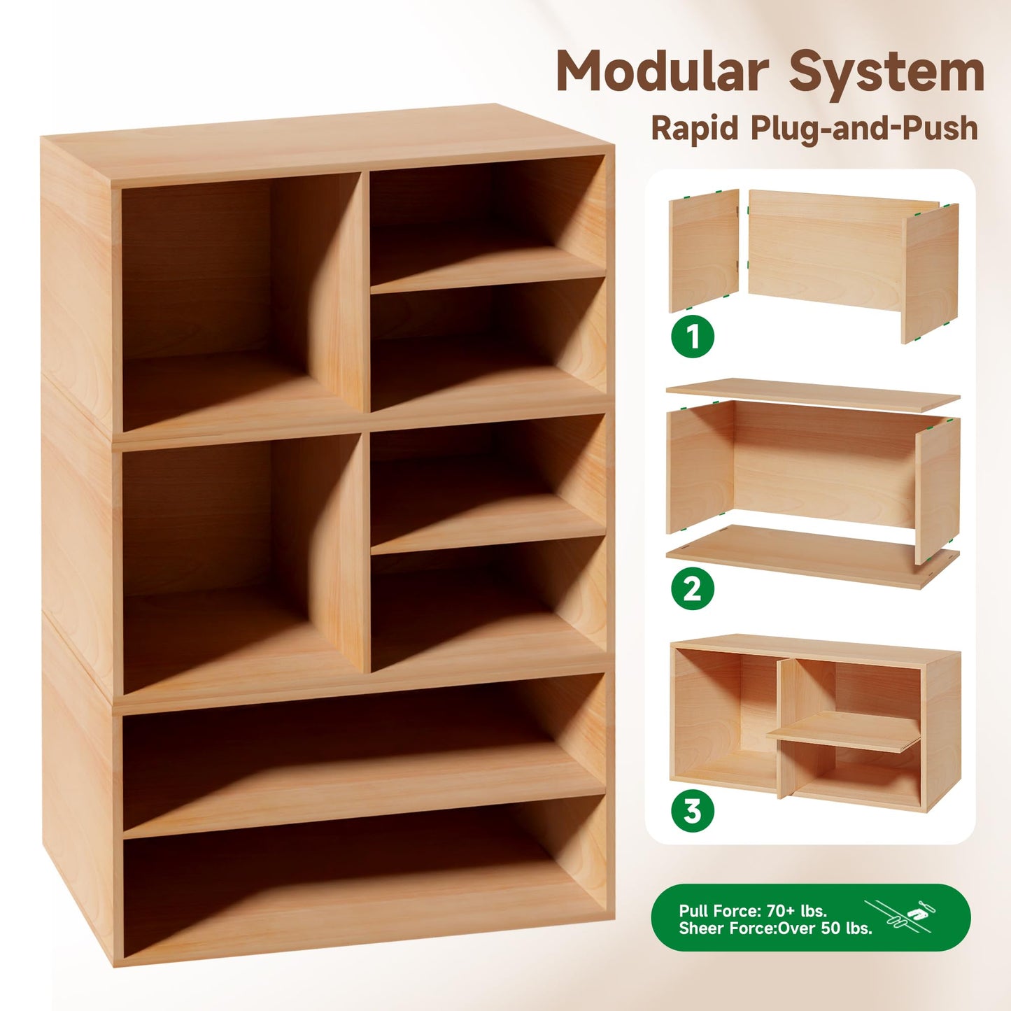 WHOOSPEREH 3 Cube Organizer Bookcase, Expandable Storage Shelves, Wooden Open Shelving Unit Book Shelf for Living Room, Office, Bedroom, Mid-Century Style Wood Furniture, Beech Color (1 Set)