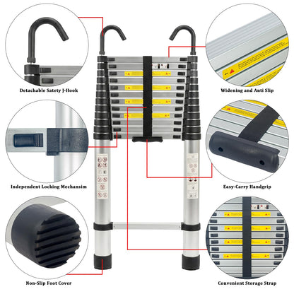 IKAYVOTO Telescoping Ladder 16.5 FT | Aluminum Lightweight Extension Ladder with Stable Hooks | Heavy Duty 330lbs Max Capacity Multi-Purpose Telescopic Collapsible Ladder for Home, RV or Outdoor Work