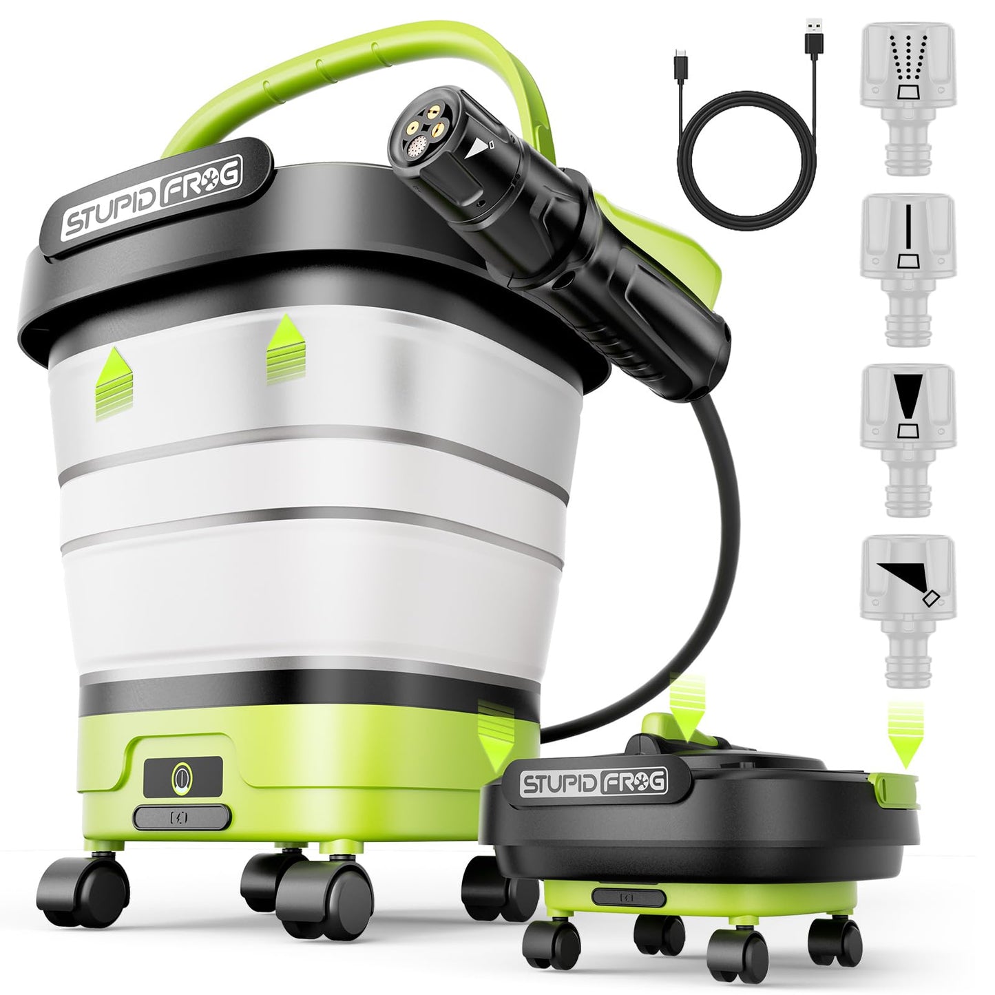 StupidFrog Portable Max 72 PSI Hand Sprayer, Cordless Garden Sprayer with 2000mAh Battery, 4-in-1 Nozzle, 12L Collapsible Bucket, Low Pressure Cleaner for Outdoor Cleaning, Camping, Gardening