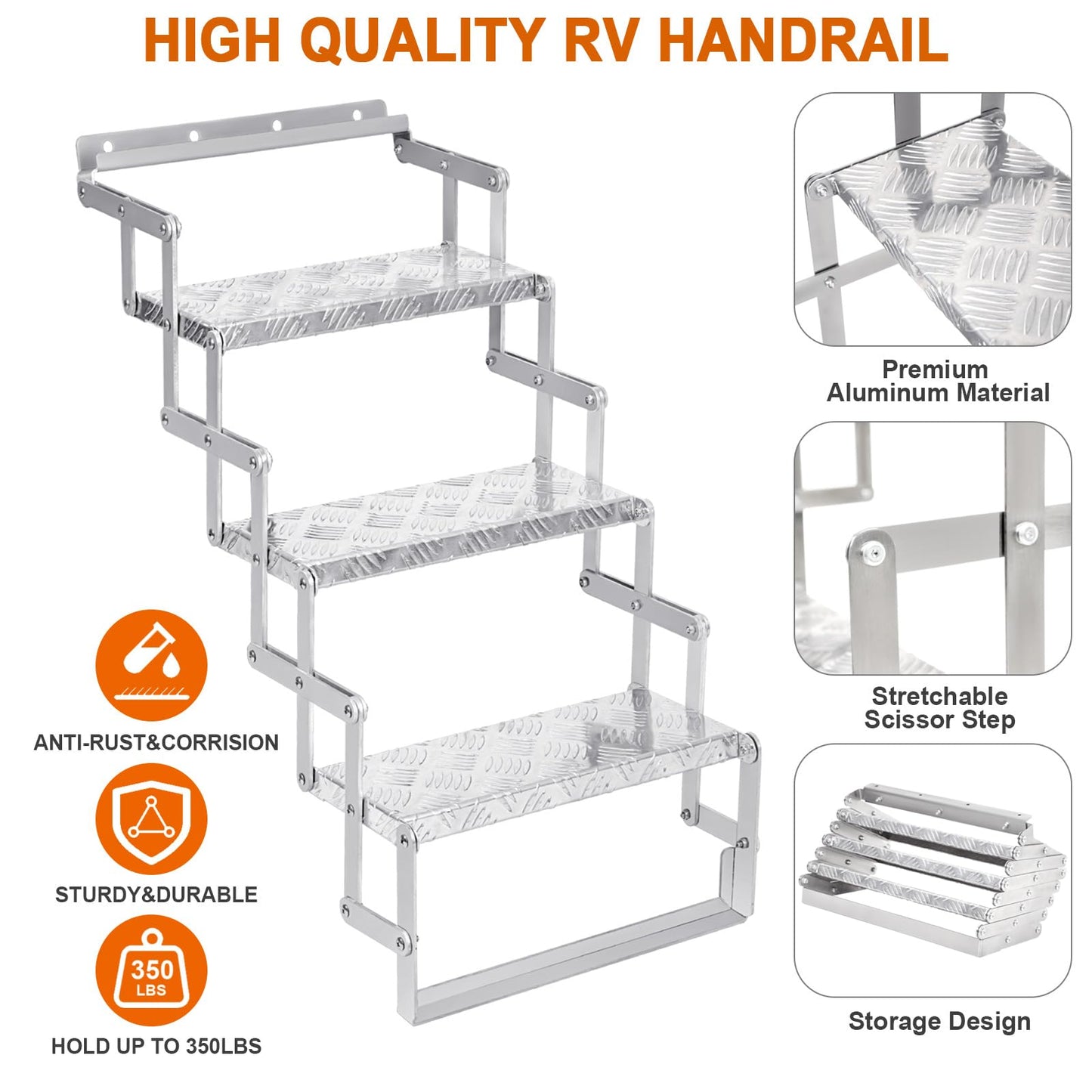 KodMtiz Aluminum Scissor Stairs, 3 Steps Outdoor RV Step Ladder, 18" Wide Camper Stair Ladder with Anti-Slip Surface, Portable Stairs for Travel Trailer, Silver