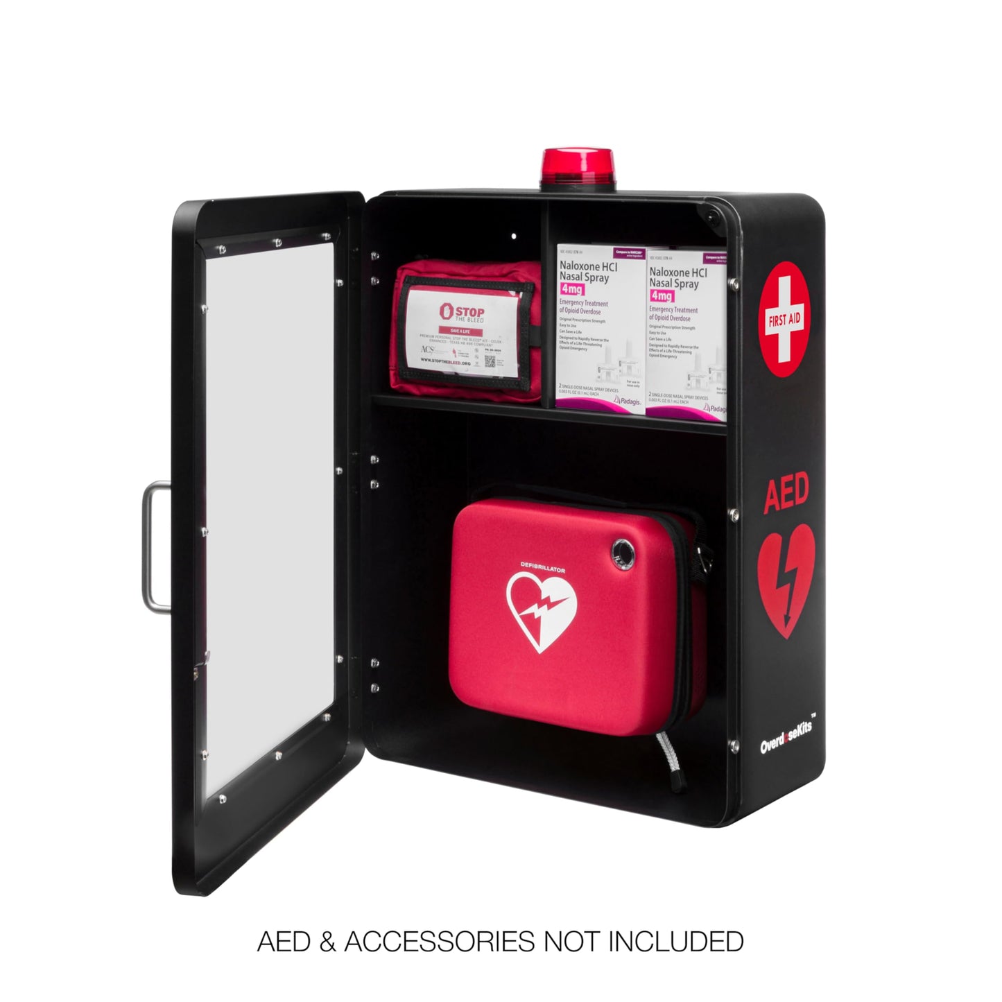 OVERDOSE KITS Emergency Medical Station – Wall Mount Cabinet for AEDs, Naloxone, Bleeding Control & First Aid Kits – Public Space Storage Solution – Black, Medium (AED & Accessories Not Included)