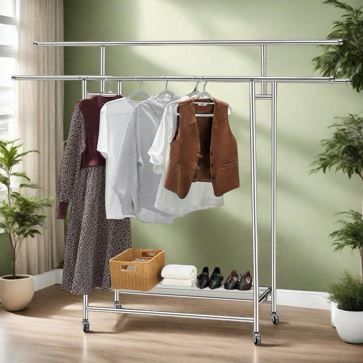 Roeveca Stainless Steel Clothes Rack, 3-Rod Garment Rack for Hanging Clothes with 4 Wheels Load 600 LBS