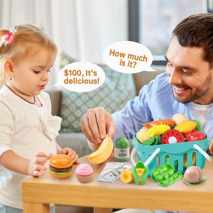 130Pcs Kitchen Playset, Toddler Pretend Cooking Play Pots, Pans, Utensils Cookware, Daily Food Fruit Veges, Shopping Storage Basket, Dessert, Prop Money, Learning Gift for Child (Pink)
